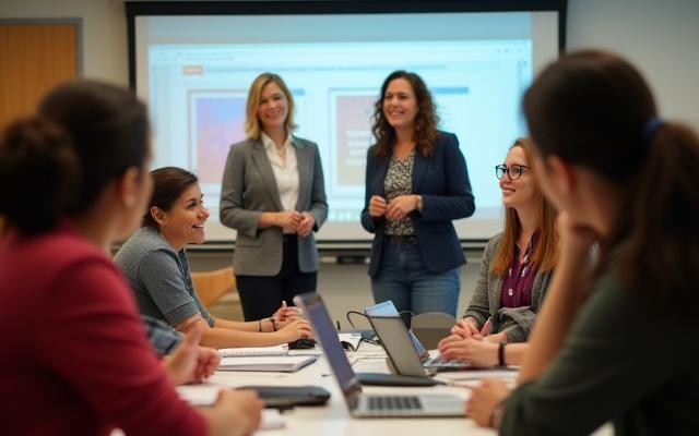 Teachers participating in a professional development workshop, engaged with technology.
